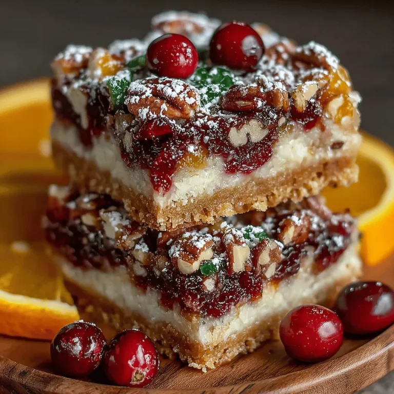 Cranberry Orange Pecan Bars are a delightful fusion of flavors that perfectly capture the essence of the fall season. This delectable treat blends the tartness of fresh cranberries with the zesty brightness of oranges and the rich crunch of pecans. The result is a dessert that is not only delicious but also visually appealing, making it an ideal choice for gatherings, holiday celebrations, or simply as a comforting snack. These bars are the perfect balance of sweet and tart, with a texture that is both chewy and crunchy, making them a favorite among dessert lovers of all ages.
